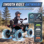 Kids electric 2-seat quad bike in black, rider with visible front suspension and shocks