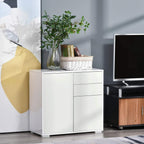 White sideboard with two doors and two drawers, styled in a room setting