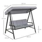 Grey three-seat garden swing chair with adjustable canopy and dimensions on a white background
