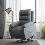 Grey PU leather power recliner chair with extended footrest and cushioned armrests