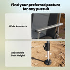 Black camping chair showing wide armrests and adjustable seat height support