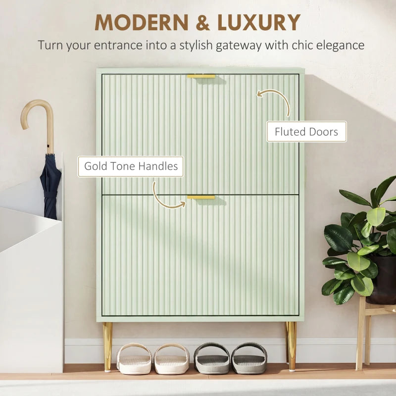 Light green fluted-door shoe cabinet with gold-tone handles and two stacked drawers