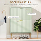 Light green fluted-door shoe cabinet with gold-tone handles and two stacked drawers