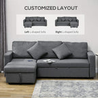 Dark grey 3-seat sectional sofa bed with chaise, showing left and right configurations
