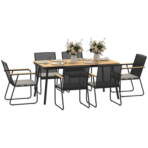 6-seat outdoor dining set with rectangular light wood table and 6 black cushioned chairs