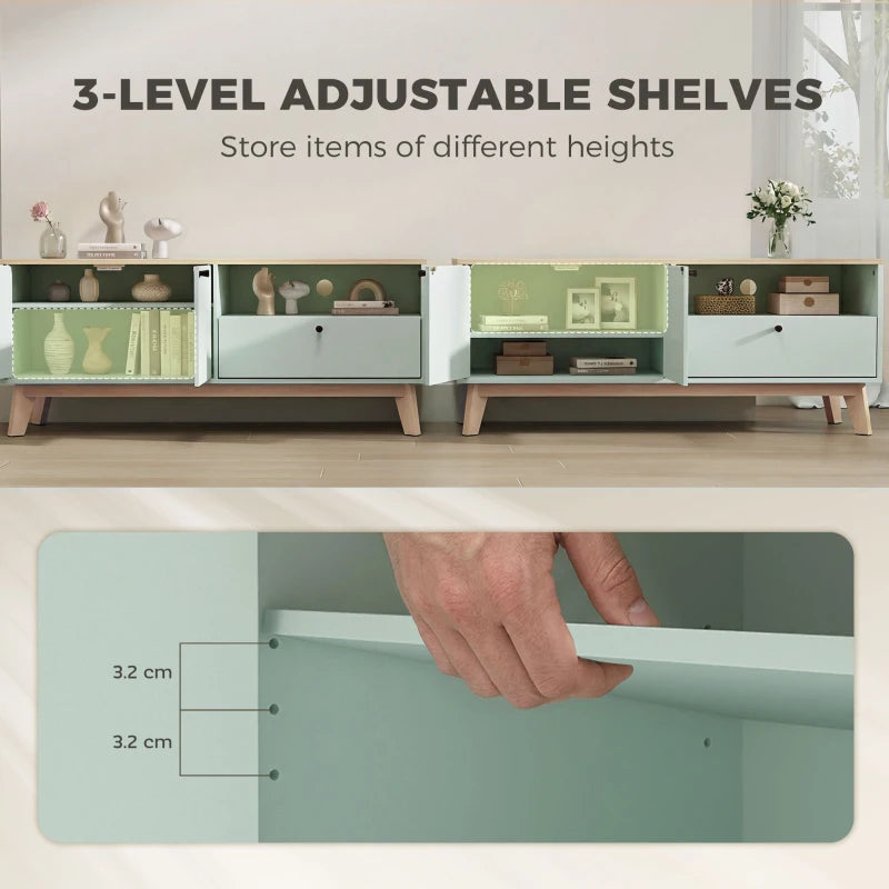 Light green TV stand showing adjustable shelves across open storage sections