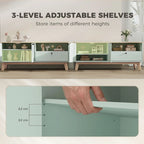 Light green TV stand showing adjustable shelves across open storage sections