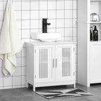 White bathroom vanity base cabinet with two slatted doors and open sink area