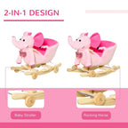 Pink plush elephant 2-in-1 ride-on with wooden base and wheels