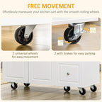 White rolling kitchen island on caster wheels with two wheel locks