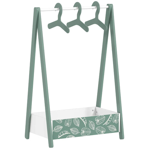 Green leaf-themed kids clothing rack with three hangers and storage shelf