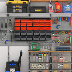 Red screw organizer on pegboard with multiple orange storage rows and gray bin bases