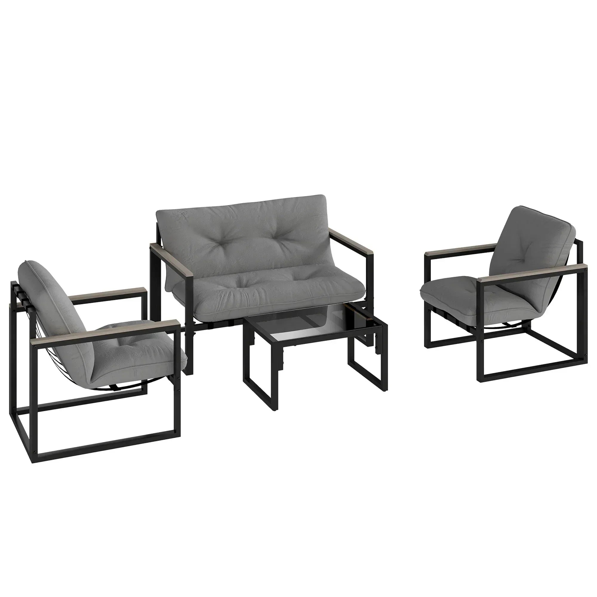 Garden Furniture Set, 4 Piece Indoor Outdoor Conservatory with Loveseat Sofa, Armchairs, Glass Top Coffee Table, Cushions for Balcony, Poolside, Patio, Dark Grey - Bobobiy