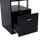 Black side cabinet drawer with metal handle and open interior storage