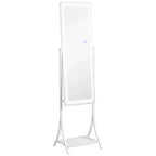 White full-length standing mirror with LED light border and storage shelf base