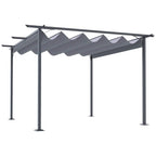 Grey retractable pergola canopy with scalloped fabric roof and steel frame posts