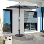 Half-round umbrella base with floral design on outdoor patio, holding an umbrella pole