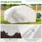 White walk-in greenhouse tent with anchored base and tensioned guy ropes