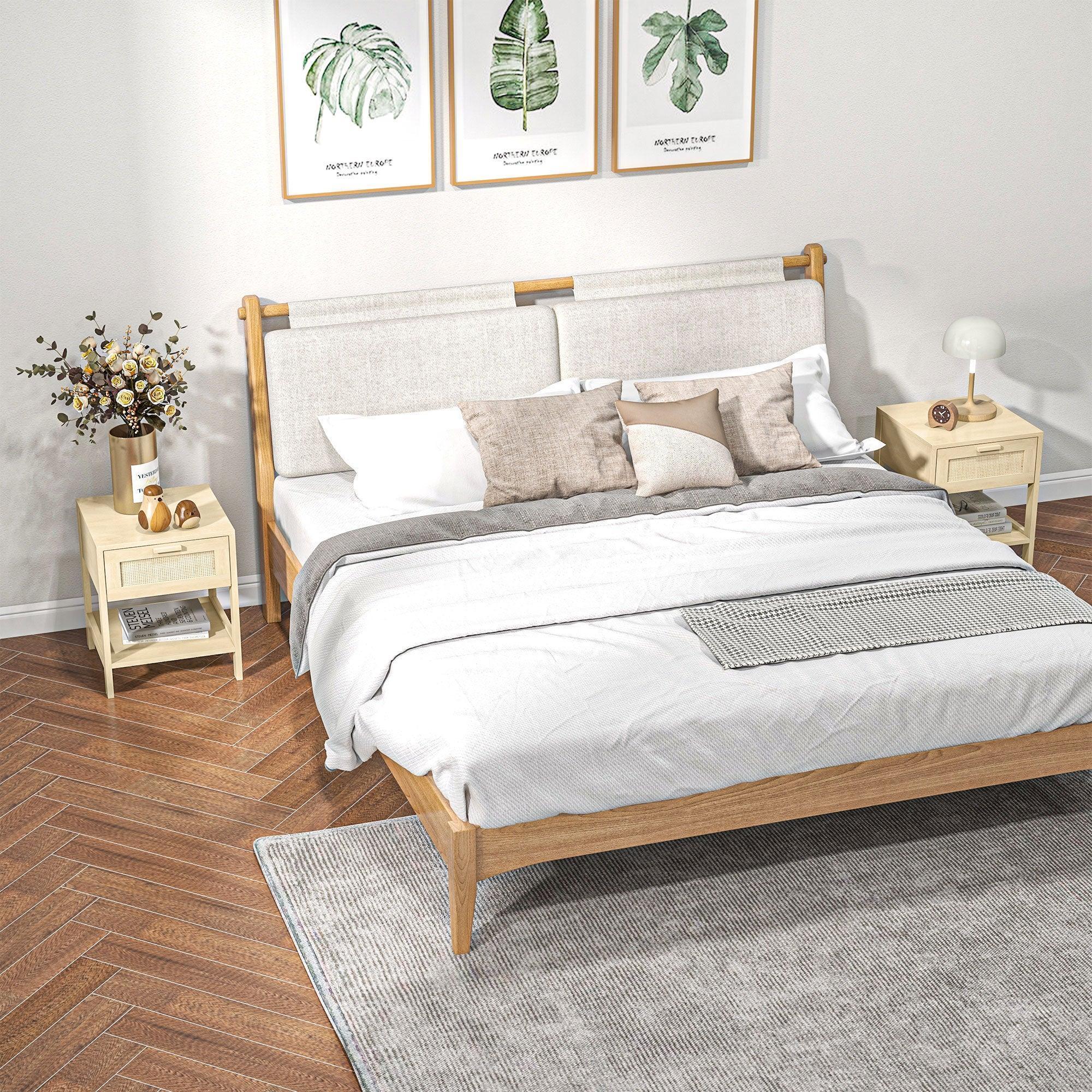 Bedside Table, Nightstand with Rattan Drawer and Storage Open Shelf, Farmhouse Side Table for Bedroom, Living Room, Set of 2 - Bobobiy