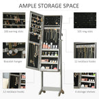 Grey jewelry cabinet door open, showing hanging storage, shelves, and ring slots