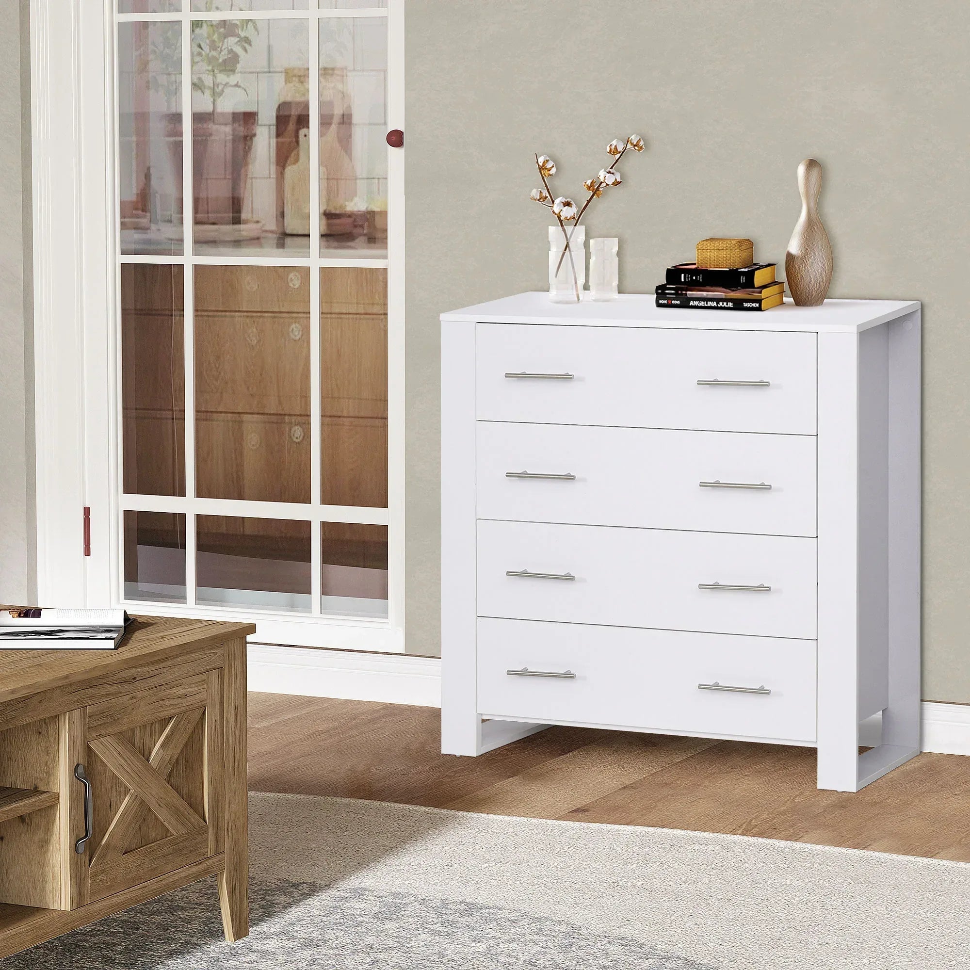 Chest Of 4 Drawers Storage Cabinet Bedroom Clothes w/Metal Handles Base Freestanding Unit Furnishing Living Room White - Bobobiy