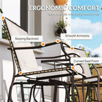 Outdoor gliding chair showing sloping backrest, curved seat front, and smooth armrests