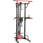 Adjustable multi-gym power tower with lat pull-down and dip station, black and red.