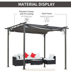 Grey retractable pergola canopy over steel frame with four sturdy posts