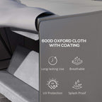 Light grey Oxford-cloth chair cover panel with visible stitched edge and front trim