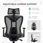 Grey mesh office chair with adjustable lumbar support and headrest, padded seat, swivel base.