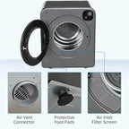 Grey tumble dryer with open door, showing air vent connector and filter screen