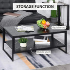 Black faux marble coffee table with middle storage shelf and open metal frame