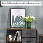 Wood-top storage cabinet with gray fabric drawers and open shelf for books and decor