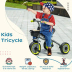 Kids black tricycle with lime wheels and front basket, shown being ridden