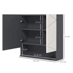 Wall-mounted mirror cabinet showing adjustable shelves and dimensions in light grey