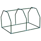 Green steel frame for mini greenhouse with arched supports and base platform