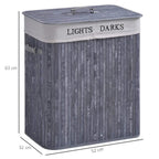 Grey fabric laundry hamper with hinged lid and side handles, fabric-lined interior