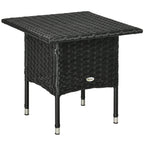 Black woven rattan side table with square top and four metal legs