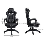 Grey racing gaming chair with headrest and retractable footrest, shown from front and side