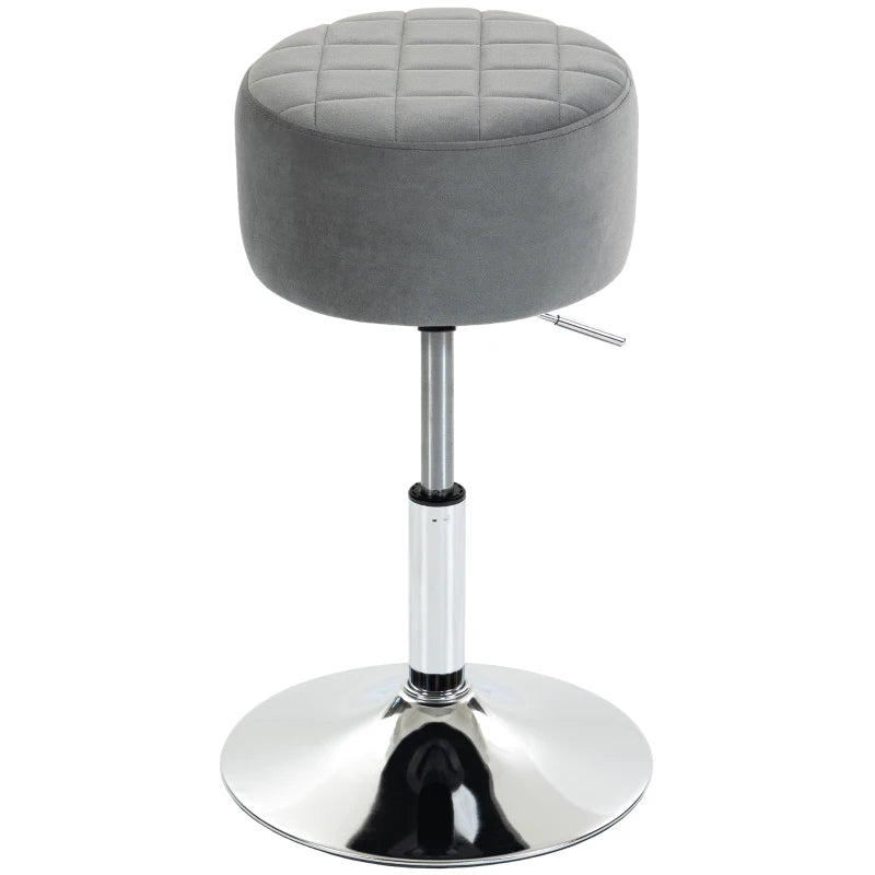 Grey round velvet-look bar stool with adjustable height swivel base and chrome stand
