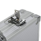 Close-up of aluminum poker case latch mechanism and top handle