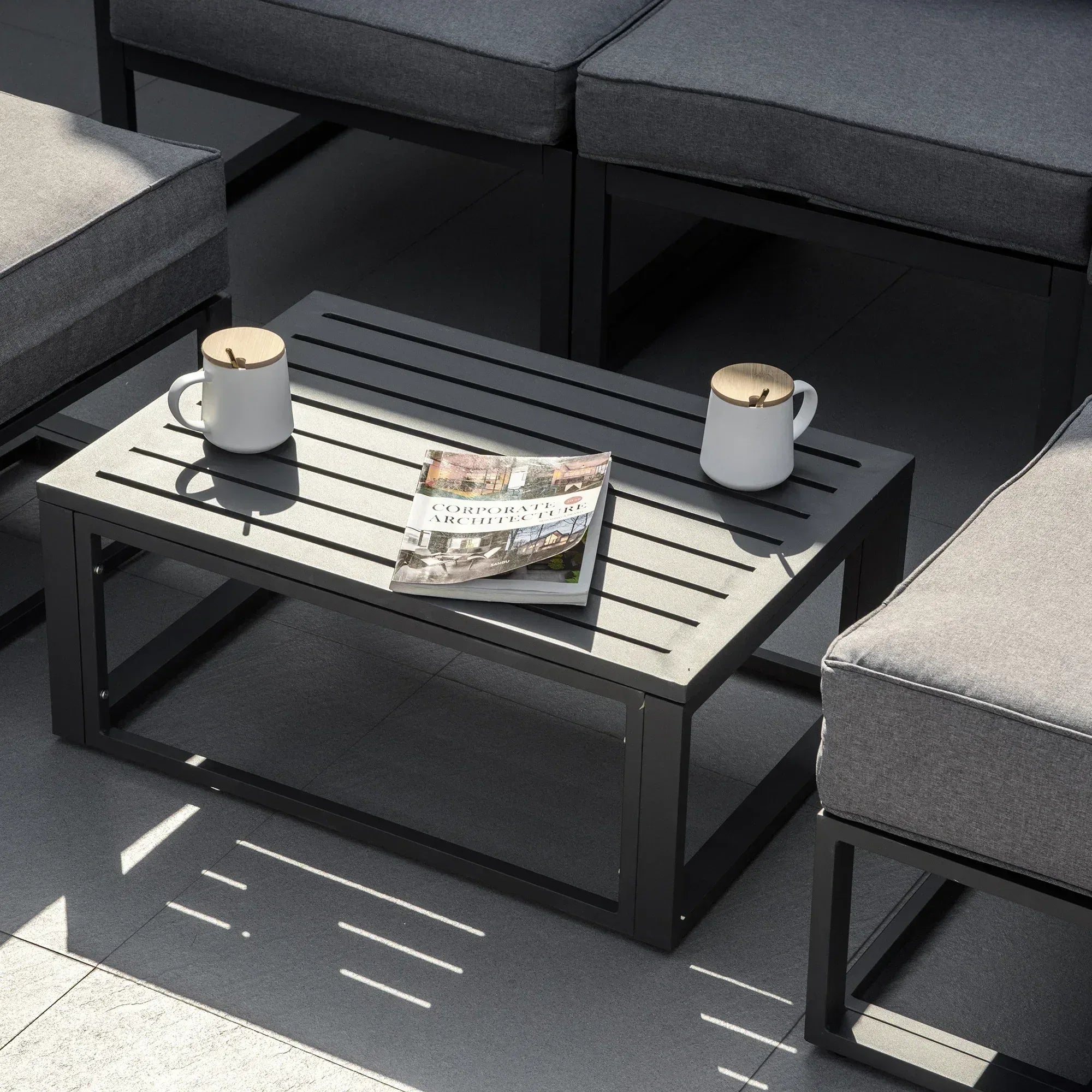 Garden Daybed, 6 Piece Outdoor Sectional Sofa Set, Aluminum Patio Conversation Furniture Set with Coffee Table, Footstool and Cushions, Grey - Bobobiy