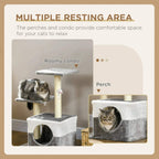 Grey cat tree tower with two resting perches and a plush condo with sisal posts