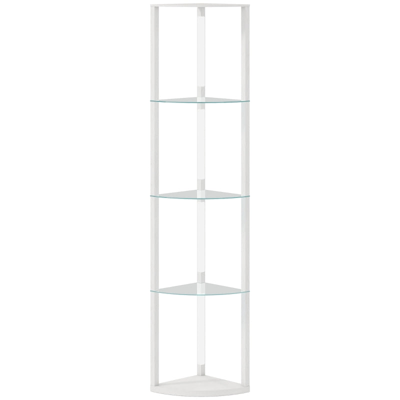White LED floor lamp with three glass shelves and open cabinet-style frame