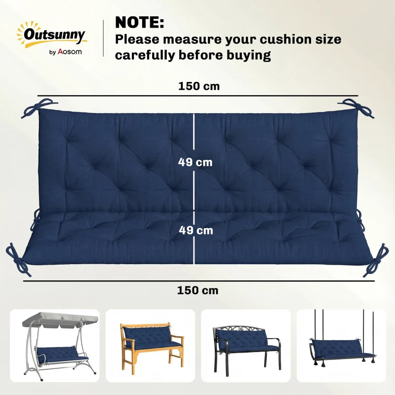 Dark blue 3-seat bench cushion with back and tie straps, tufted front panel