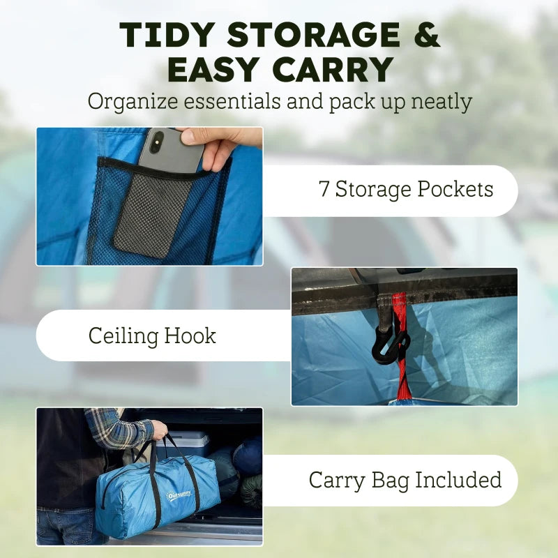 Sky blue tent with interior storage pockets, ceiling hook, and included carry bag