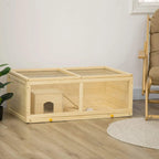 Natural wood hamster cage with open top, mesh panels, and side hut plus ramp