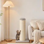 Tall cat scratching post with gray cap, beige sisal sides, and wide gray base