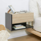 Wall-mounted floating bedside cabinet with oak-tone top and dark open shelf beneath