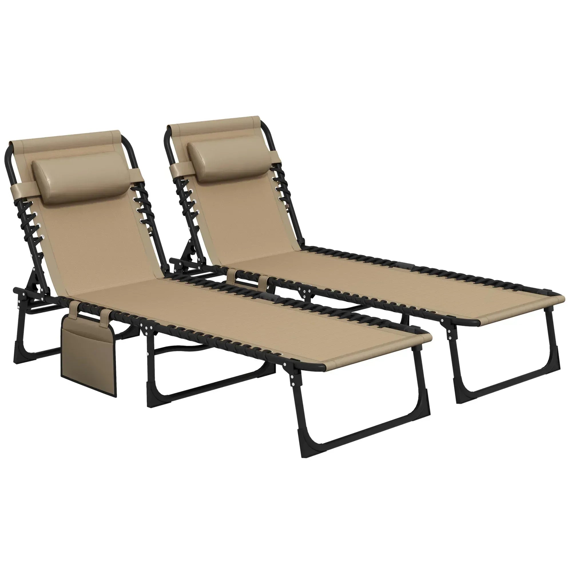 Portable Sun Lounger Set of 2, Folding Camping Bed Cot, Reclining Lounge Chair 5-position Adjustable Backrest with Side Pocket, Pillow for Patio Garden Beach Pool, Beige - Bobobiy